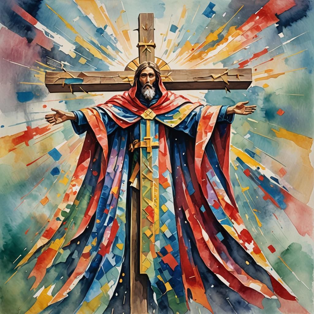 Cross as Superhero in Gouache Watercolor Style