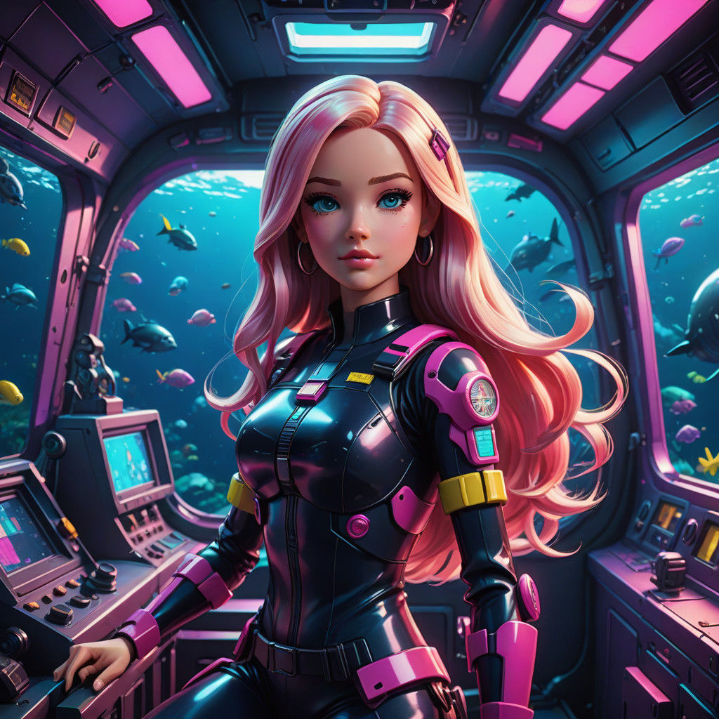 Barbie Underwater in Vibrant Anime-Style Submarine