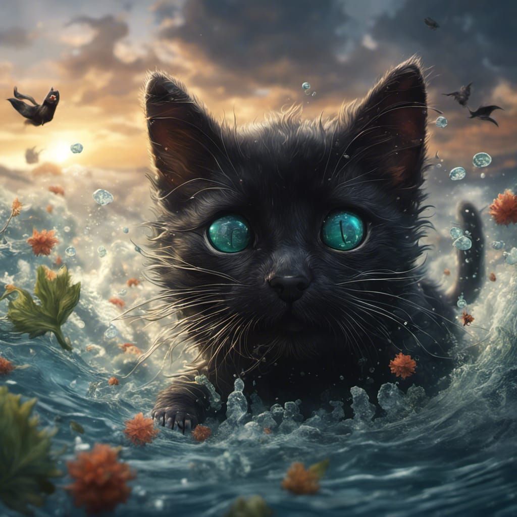 Black Kitten Swimming in Catnip Ocean: Fantasy Art
