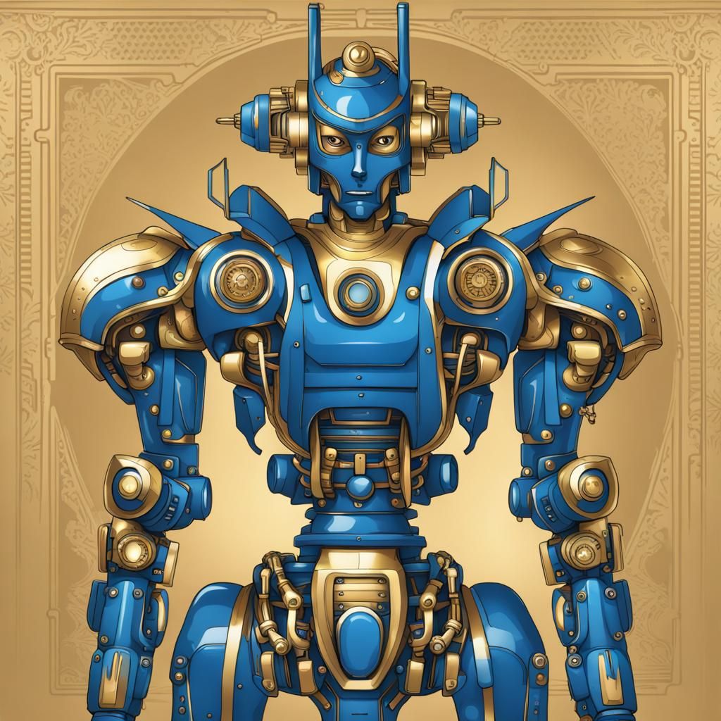 Oriental Blue and Gold Techno-Organic Mecha Robot