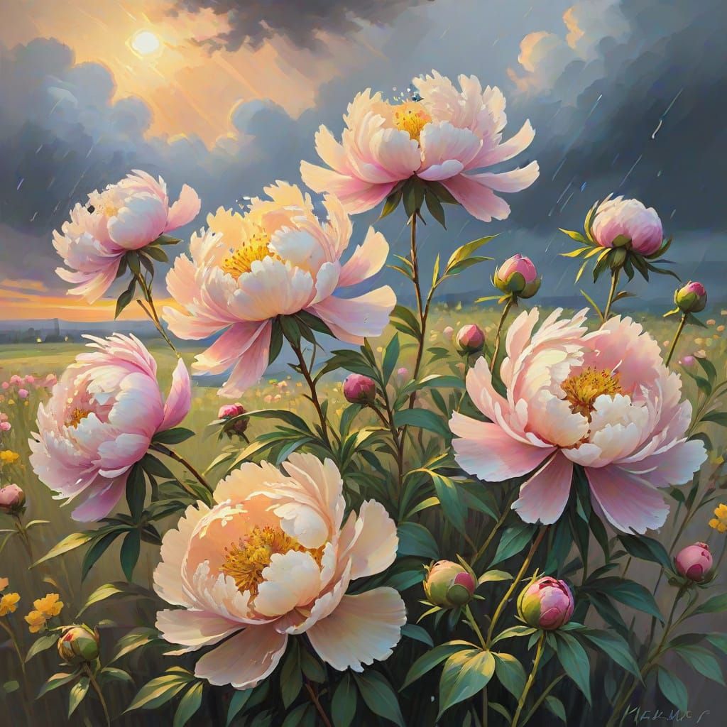 Impressionist Peonies in Summer Rain at Sunset