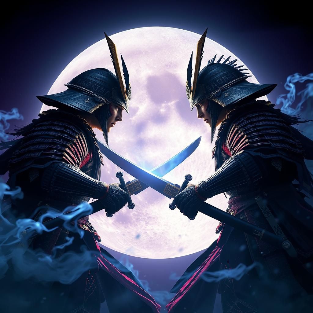 Moonlit Samurai Duel in Dark Fantasy Style