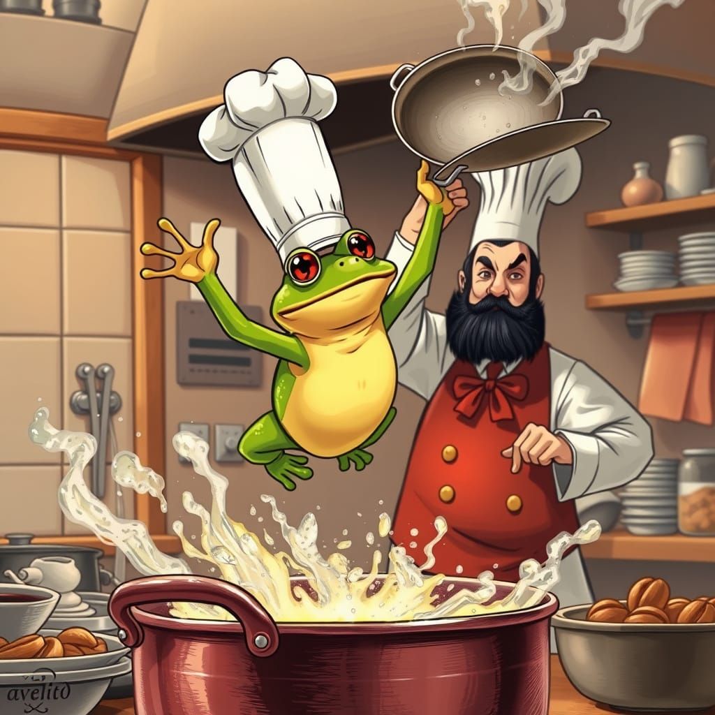 Frog Chef Escape in Gourmet Kitchen, Cartoon Style
