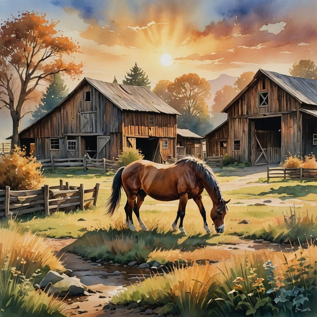 Mustang in Watercolor Rural Landscape, Fantasy Concept Art