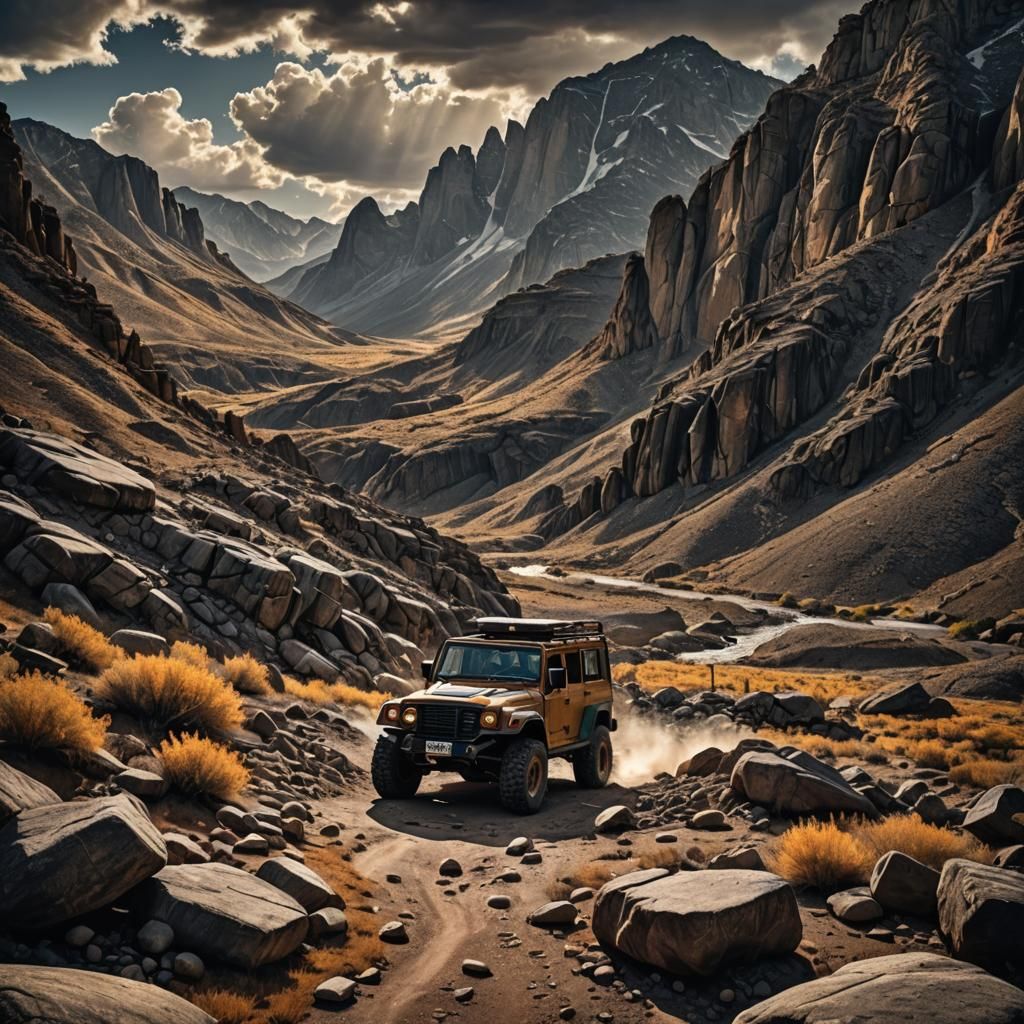 Off-Road Vehicle in Mountainous Landscape, Ansel Adams Style