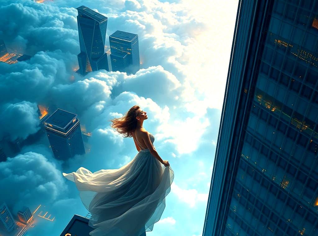 Woman on Skyscraper Edge in Hyperrealistic Vertigo Art