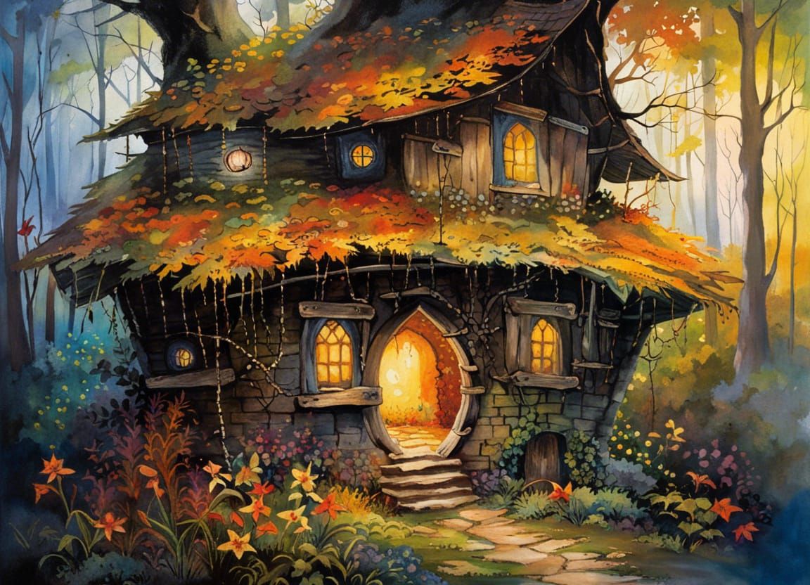 Enchanted Witch's Hut in Forest, Detailed Painting