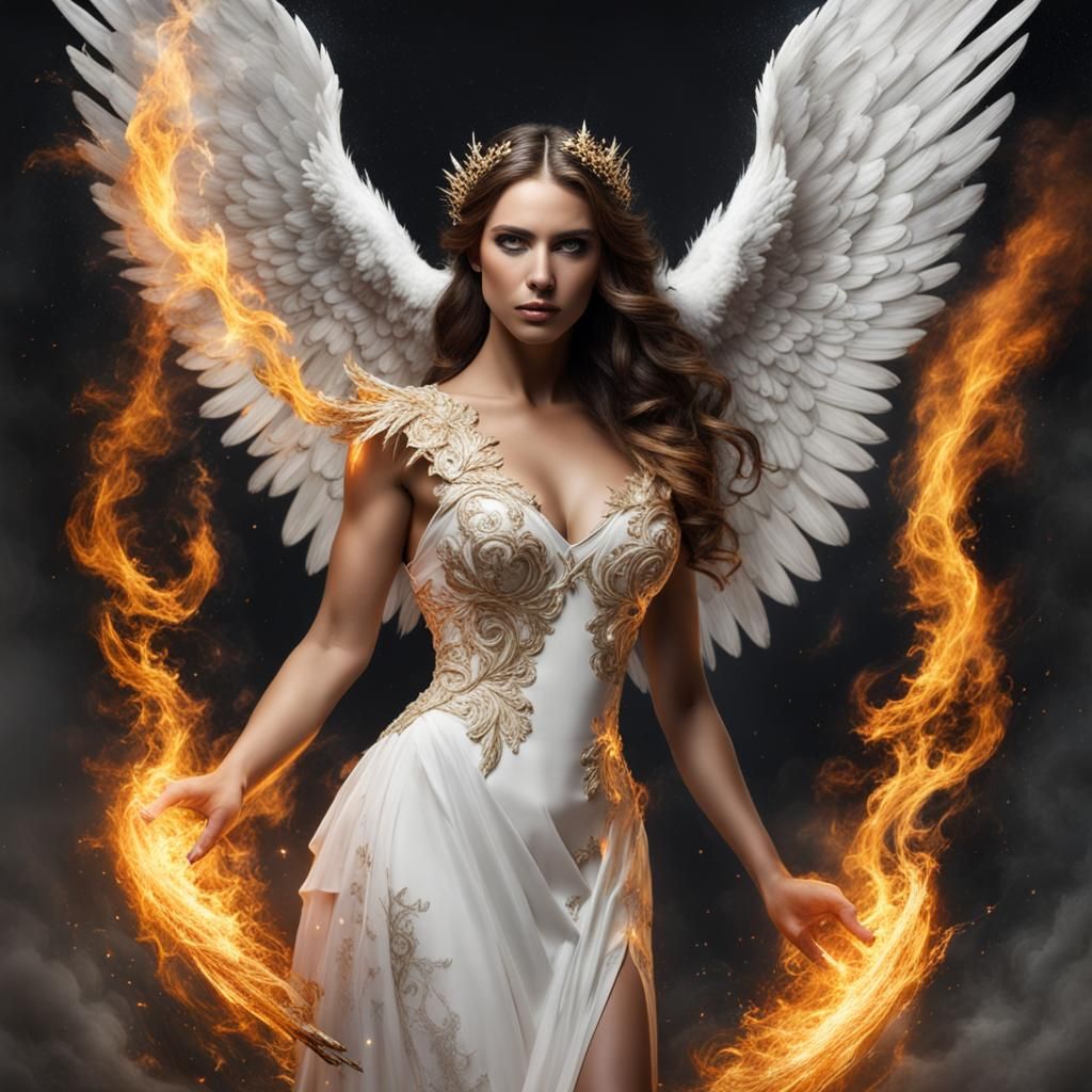 Angelic Woman with Wings of Fire and Ice