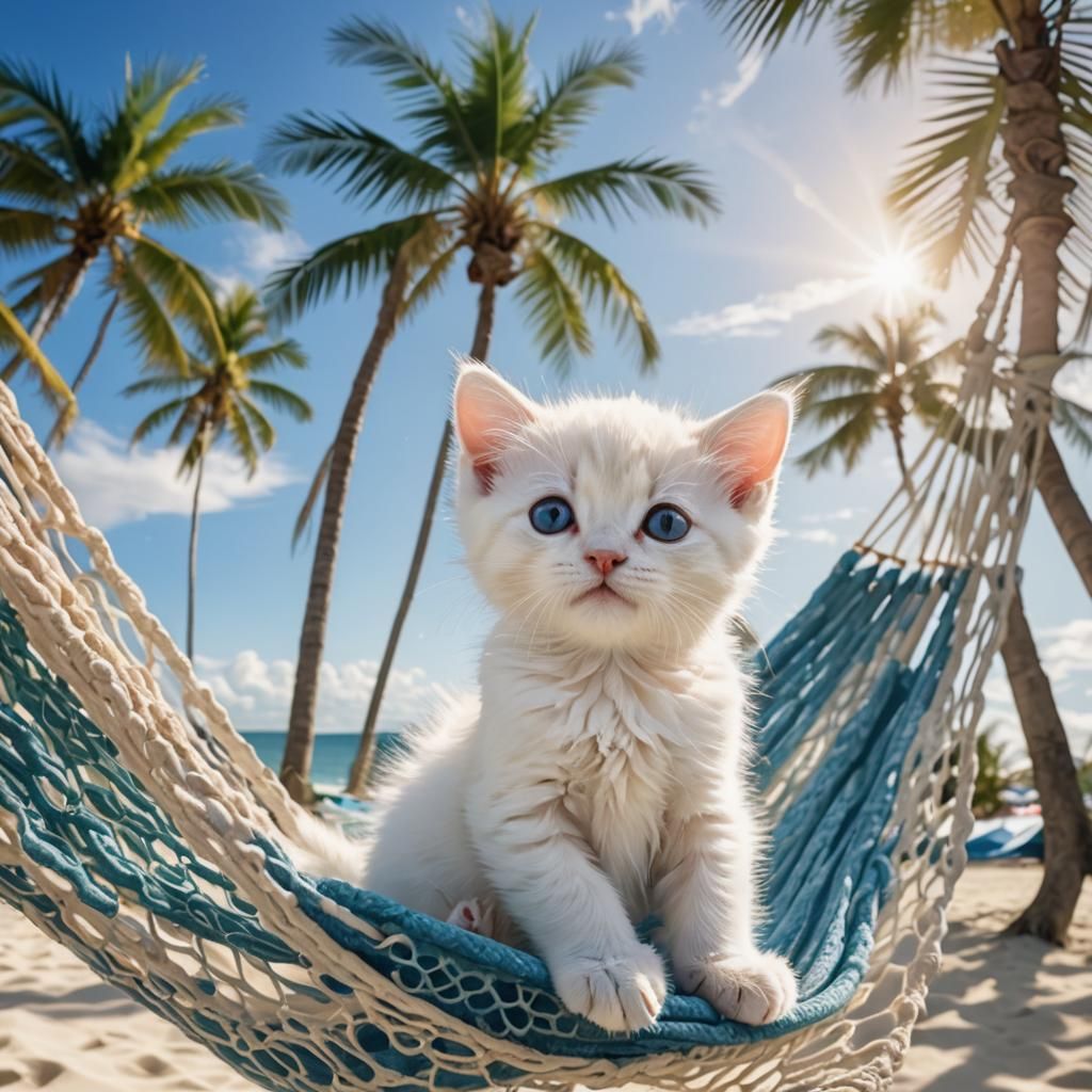 Kitten in Hammock on Abstract Sunny Beach