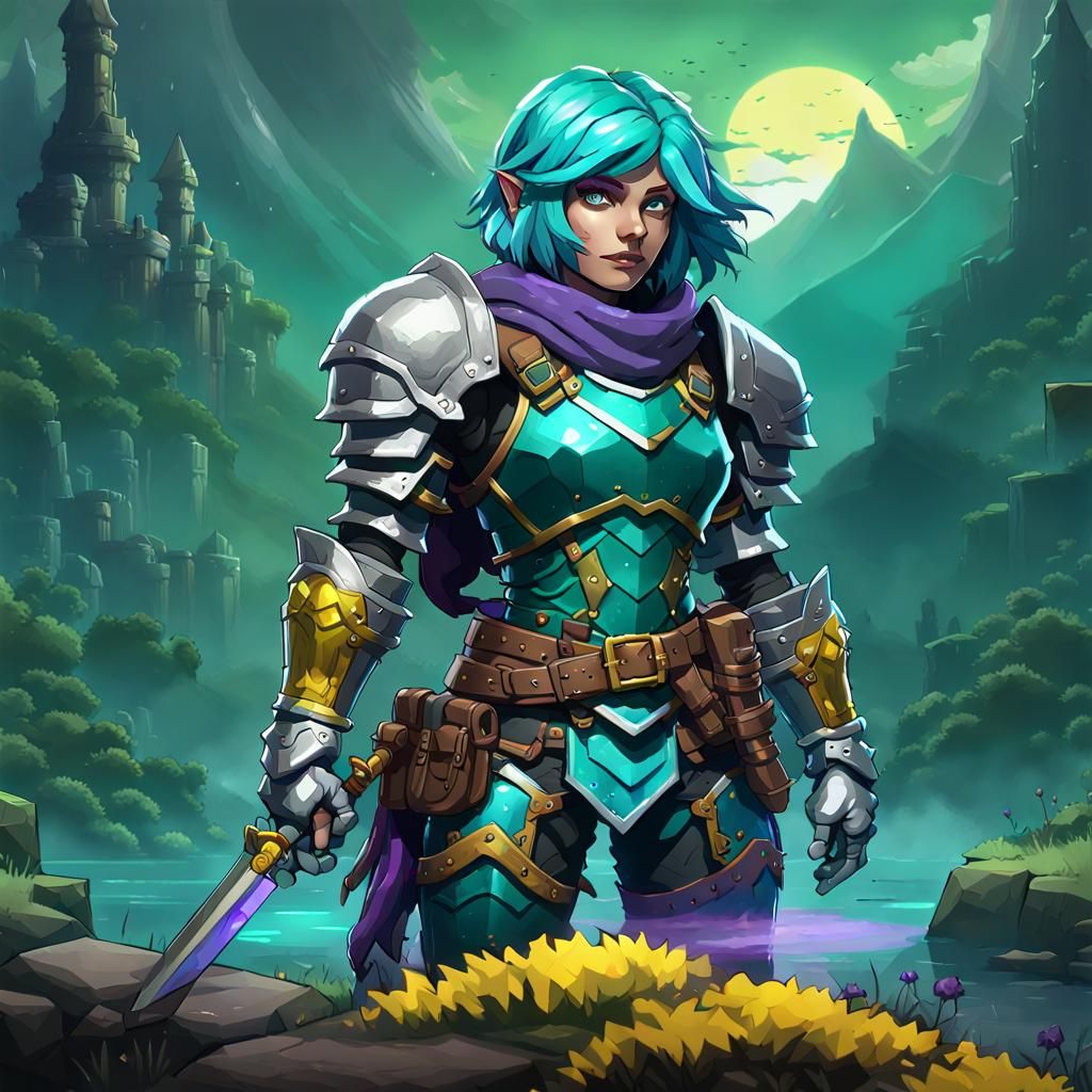 Teal-Haired Adventurer in Misty Lowlands, Dark Fantasy Conce...