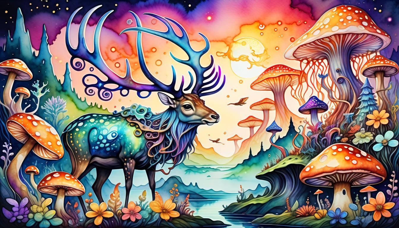 Mythical Winged Beast on Glowing Mushroom, Watercolor