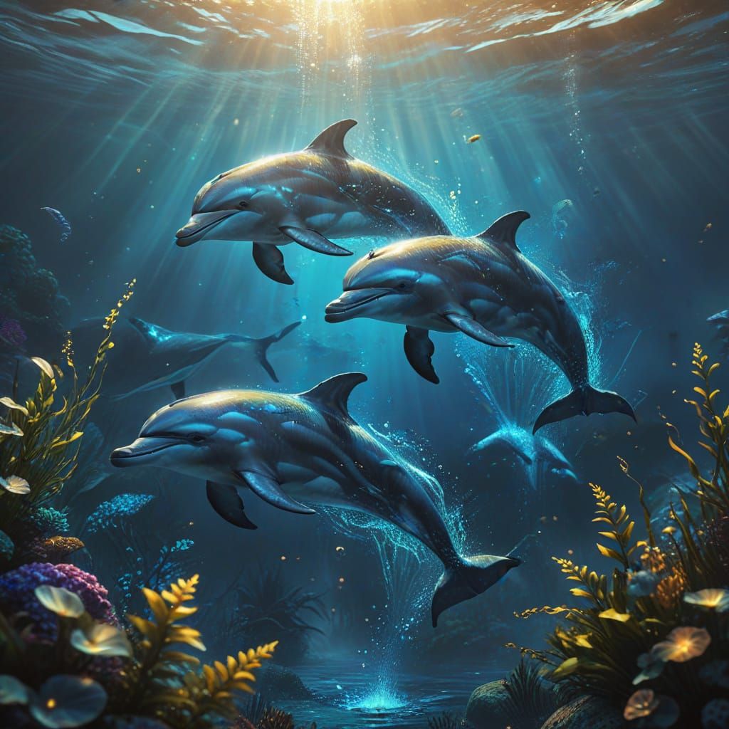 Crystalline Dolphins Swimming in a Shimmering Ocean