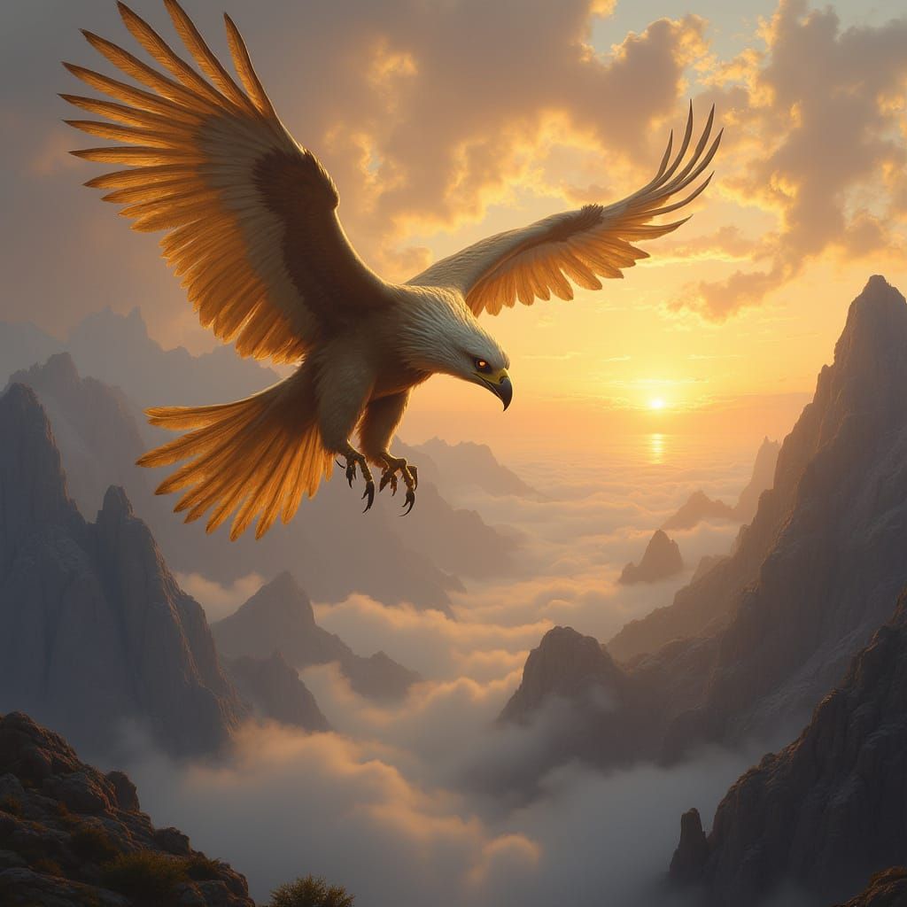 Majestic Griffin Soars Above Misty Mountains at Sunset