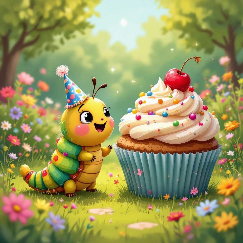 Cute Caterpillar's Birthday Cupcake in Whimsical Style