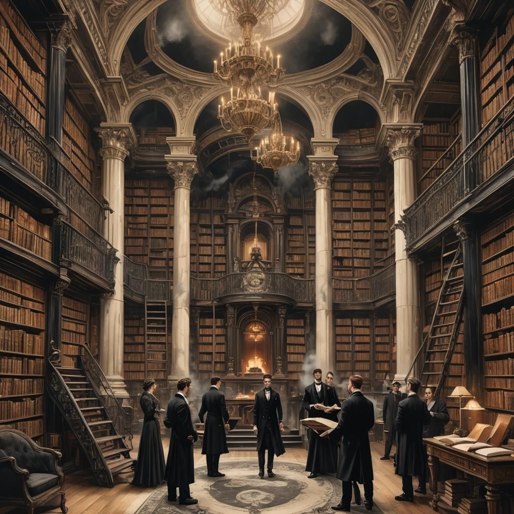Steampunk Library: Floating Book in Gothic Mansion