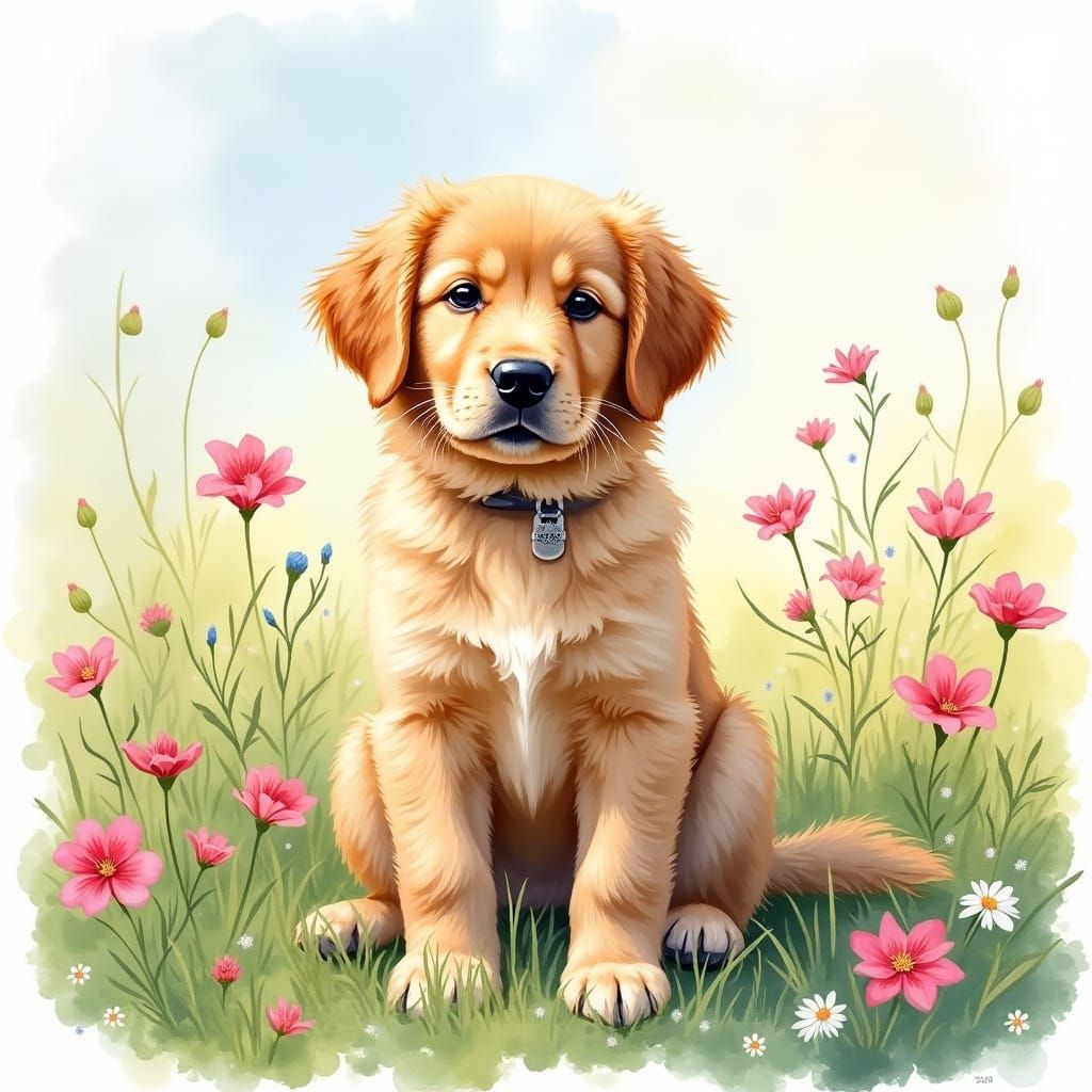 Golden Retriever Puppy in Wildflower Meadow Watercolor Paint...