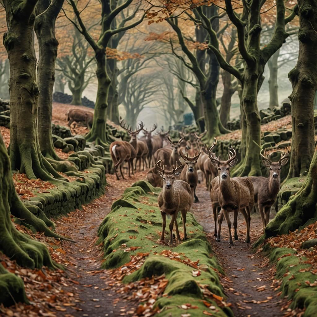 Surreal Deer Herd in Bleak Peak District Winter