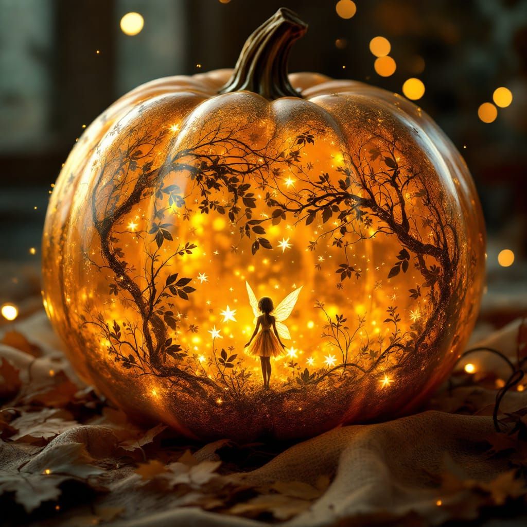 Enchanted Fairy Inside Amber Pumpkin Dreamscape