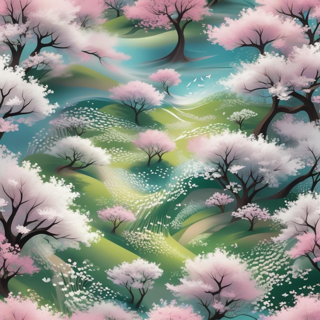 Cherry Blossom Garden with Escher-Inspired Fractals