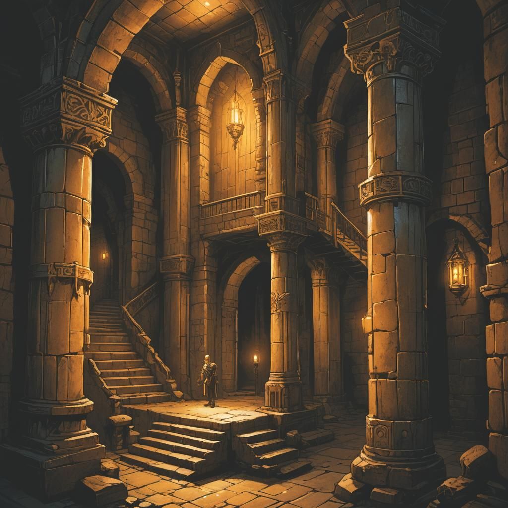 Elf on Column in Amber Dungeon with Staircase