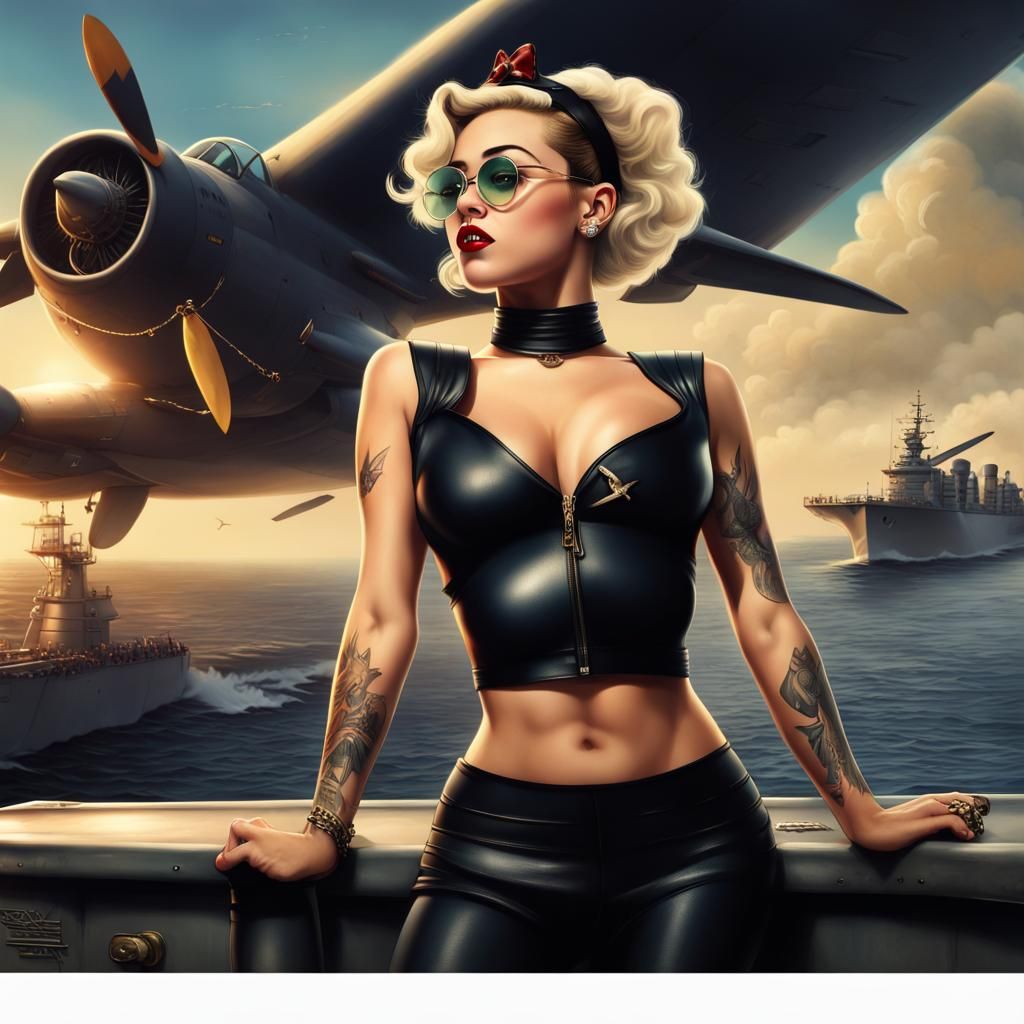 1940s Pin-Up with Wings on Aircraft Carrier