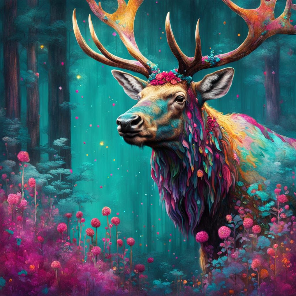 Magical Elk in Forest, Klimt-Inspired Splash Art