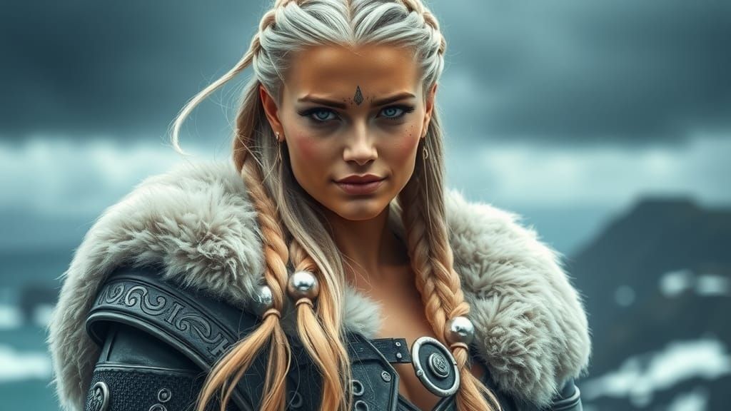 Viking Warrior with Glowing Tattoos on Windswept Cliff