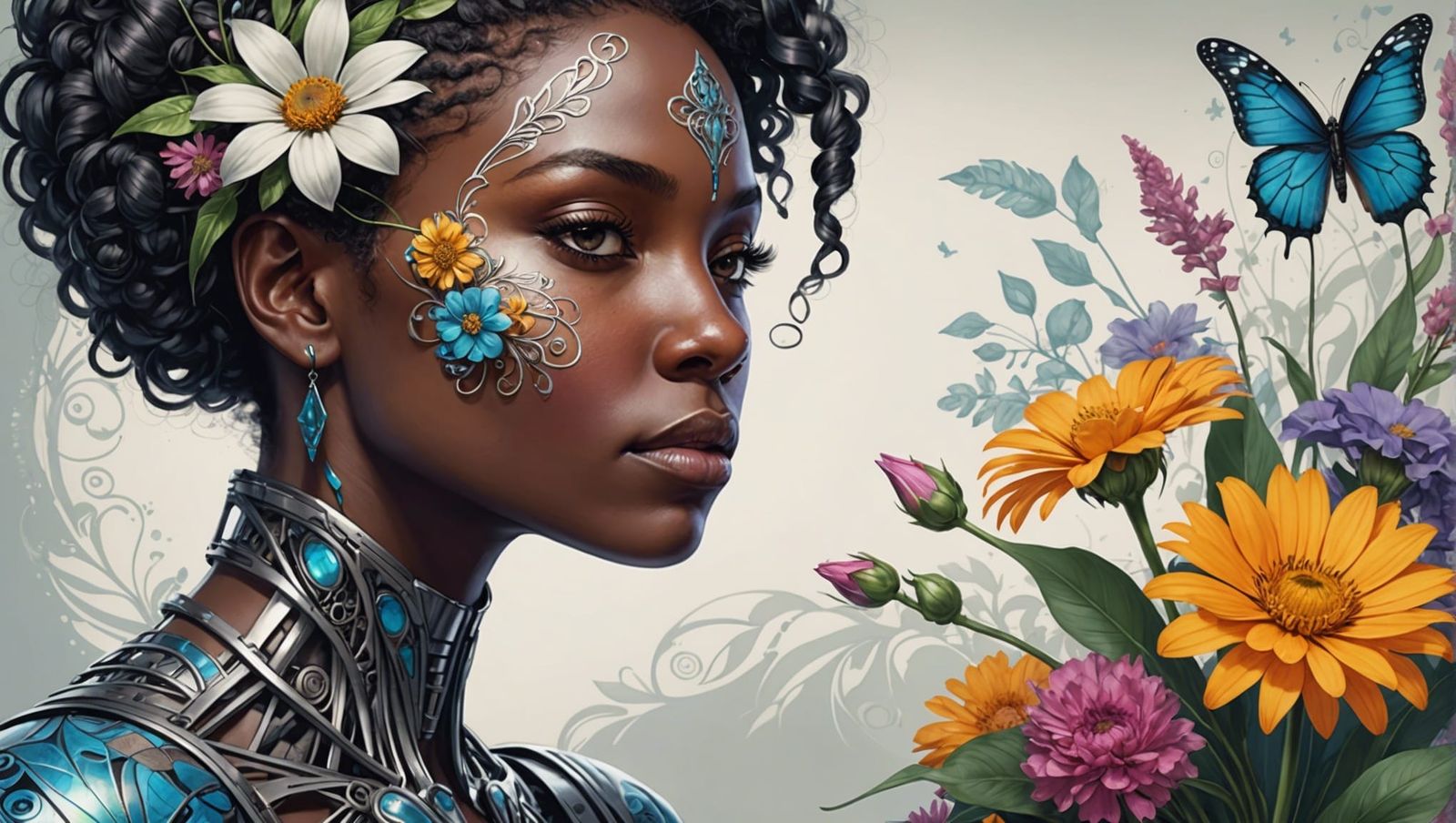 Cyborg Smelling Flower: Pencil and Watercolor Portrait