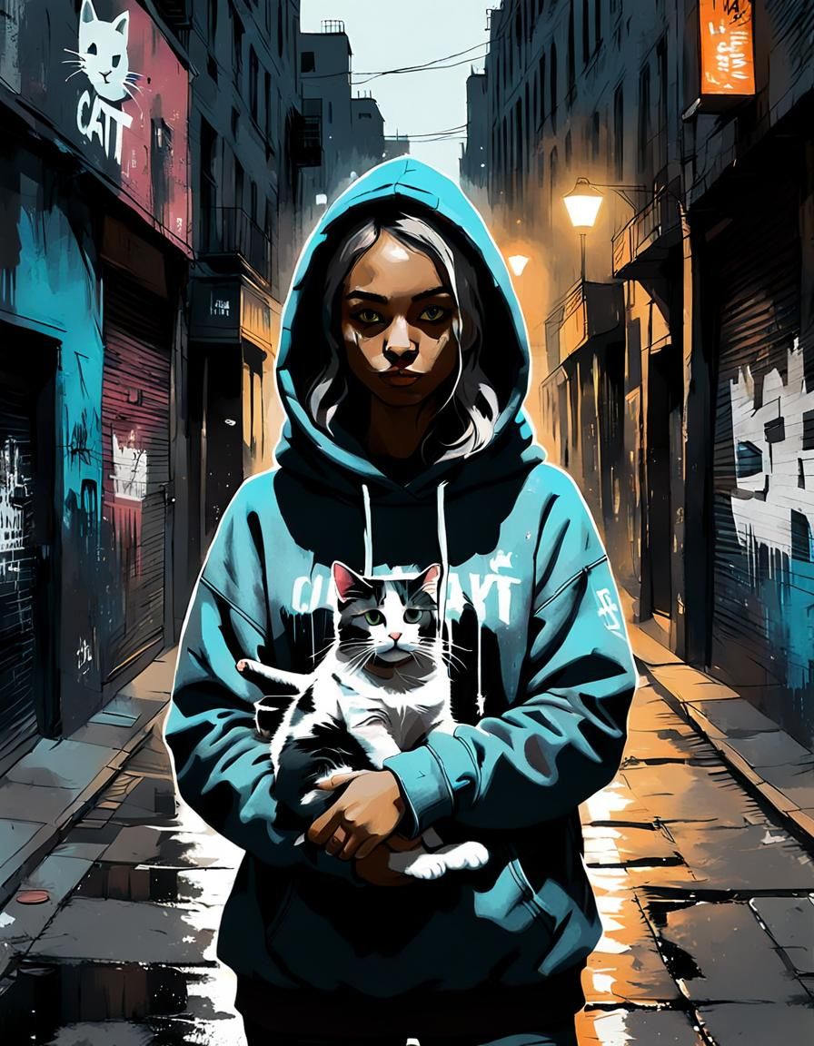 Girl with Cat in Banksy-Style Street Art