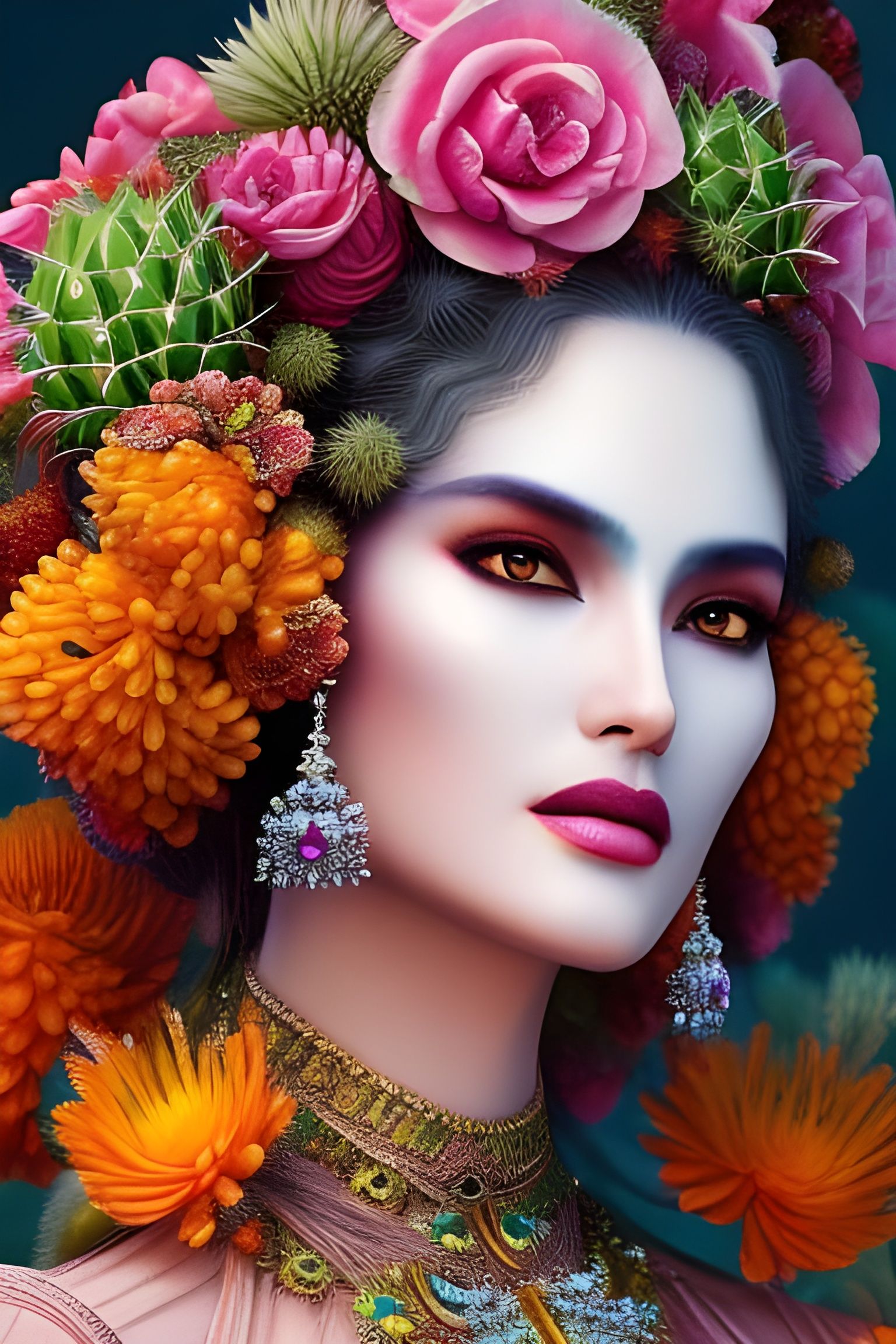 Celestial Cactus Woman Portrait in Watercolor Style