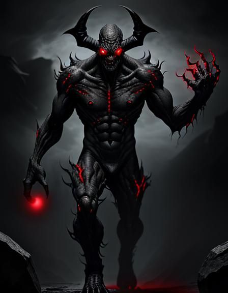 Demonic Rocky Black Monster with Glowing Red Eyes