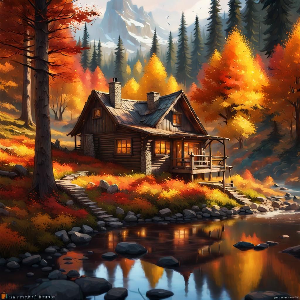 Cozy Cabin in Autumn Woods: Detailed Digital Painting