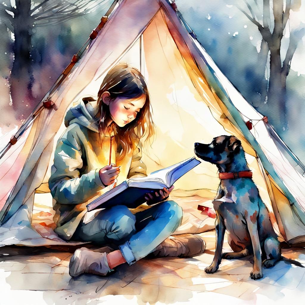 Girl Reading to Dog in Tent: Watercolor Illustration