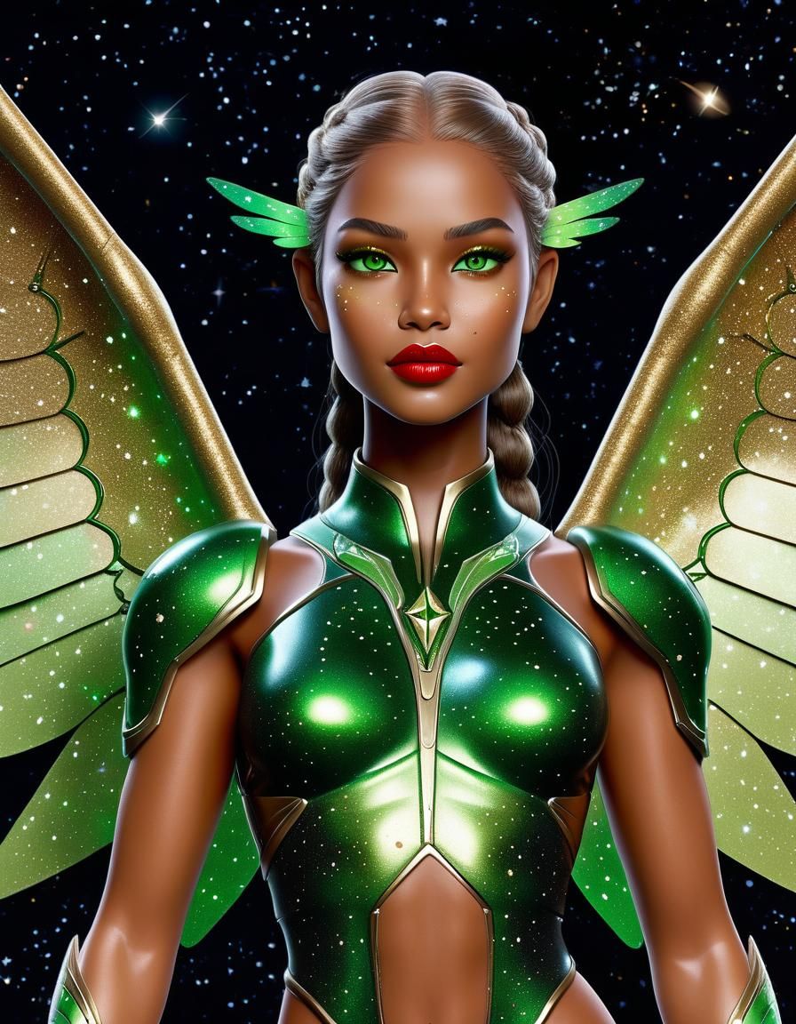 Celestial Woman with Shimmering Wings in Dark Fantasy Space