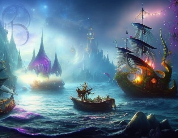 Enchanted Pirate Ship on Mystical Galaxy Sea