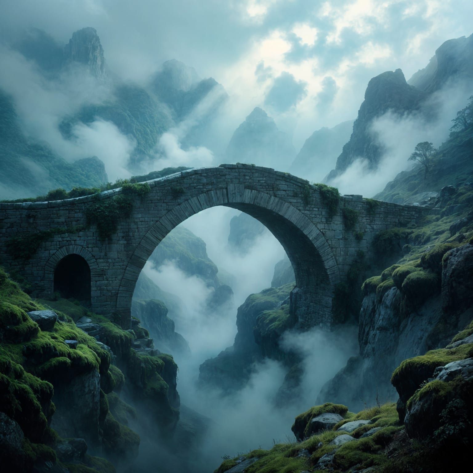 Ancient Mossy Bridge Over Misty Chasm
