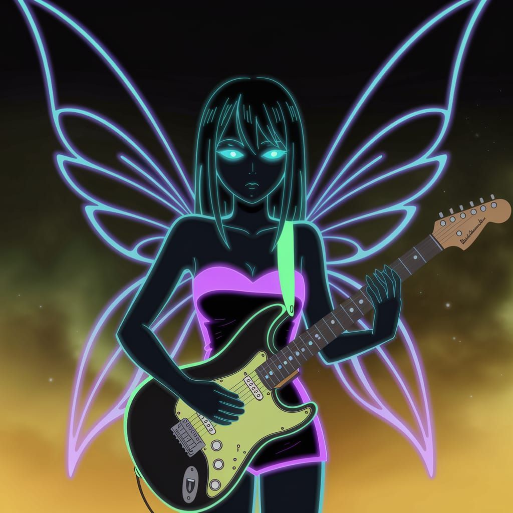 Glowing Manga Fairy Plays Electric Guitar under Blacklight