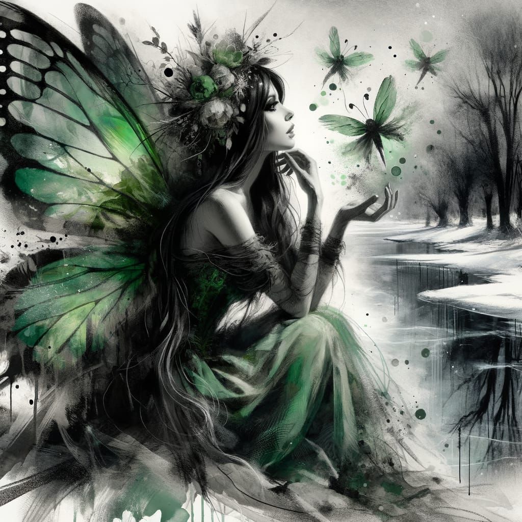 Mysterious Faerie in Charcoal Watercolor Style