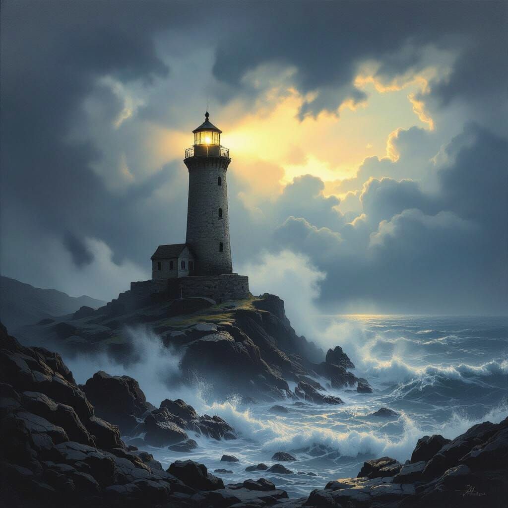 Lighthouse in Stormy Twilight, Chiaroscuro Style