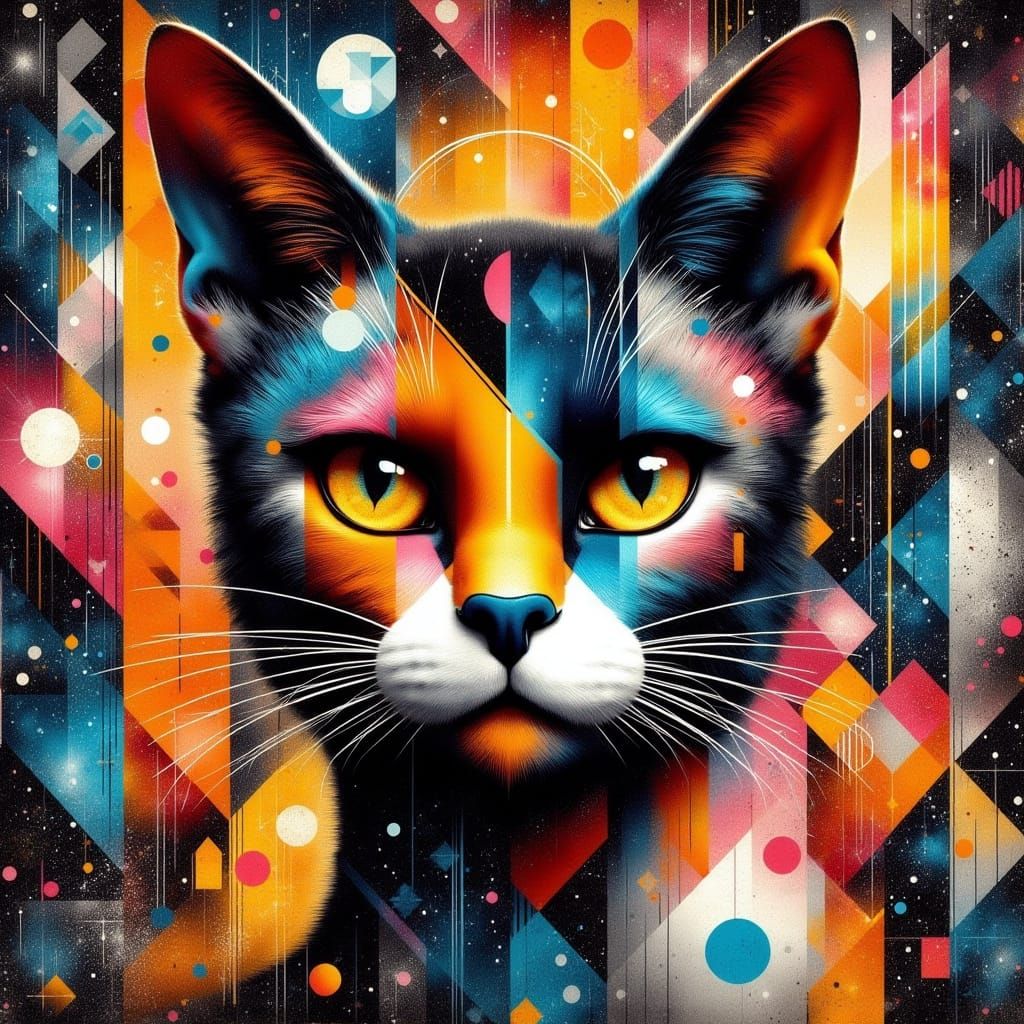 Vibrant Cat in Neo-Cubist Semi-Abstract Style