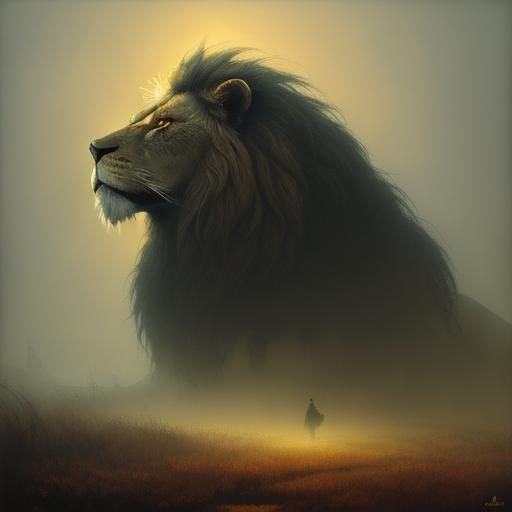 Surreal Sunlit Scene with Lion in Dreamlike Style