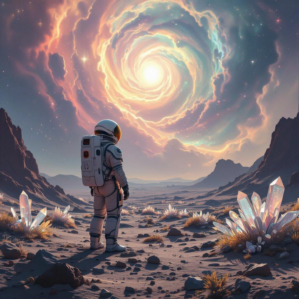 Astronaut on Alien Planet with Nebula Sky