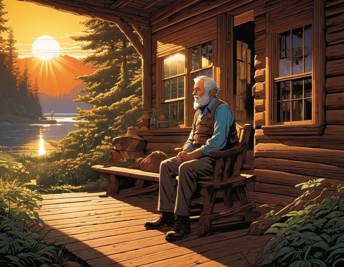 Old Man Enjoys Sun Rays in Log Cabin