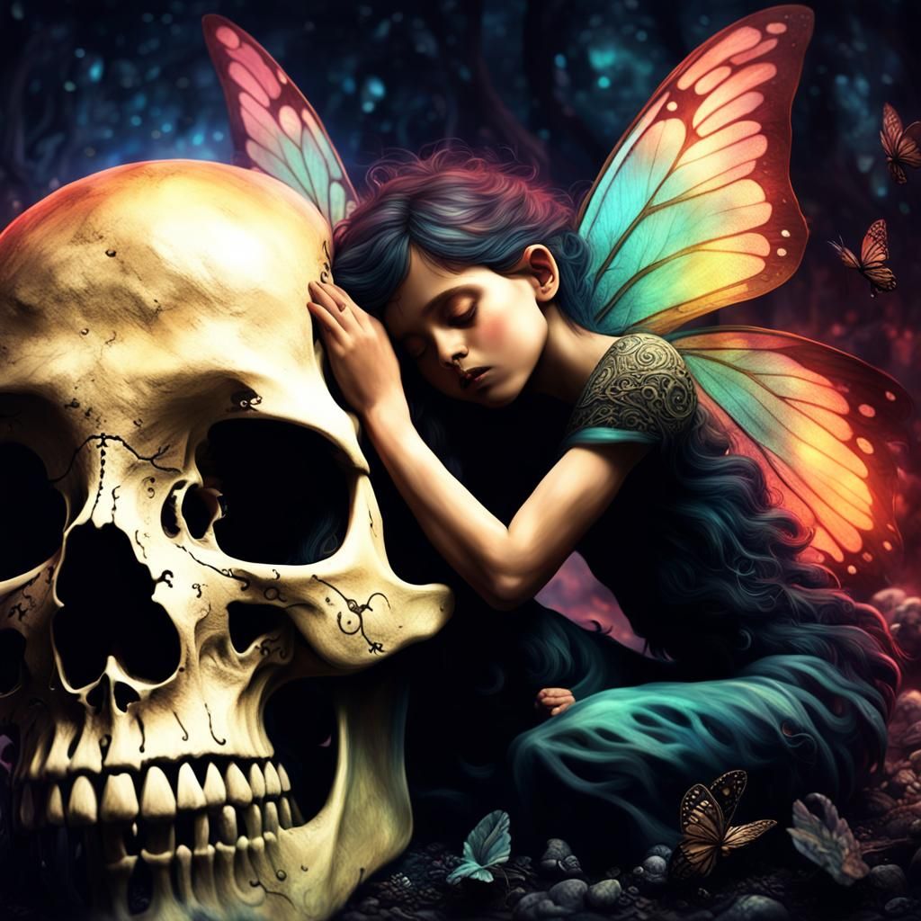Dark Fairy Sleeping on Skull: Digital Matte Painting