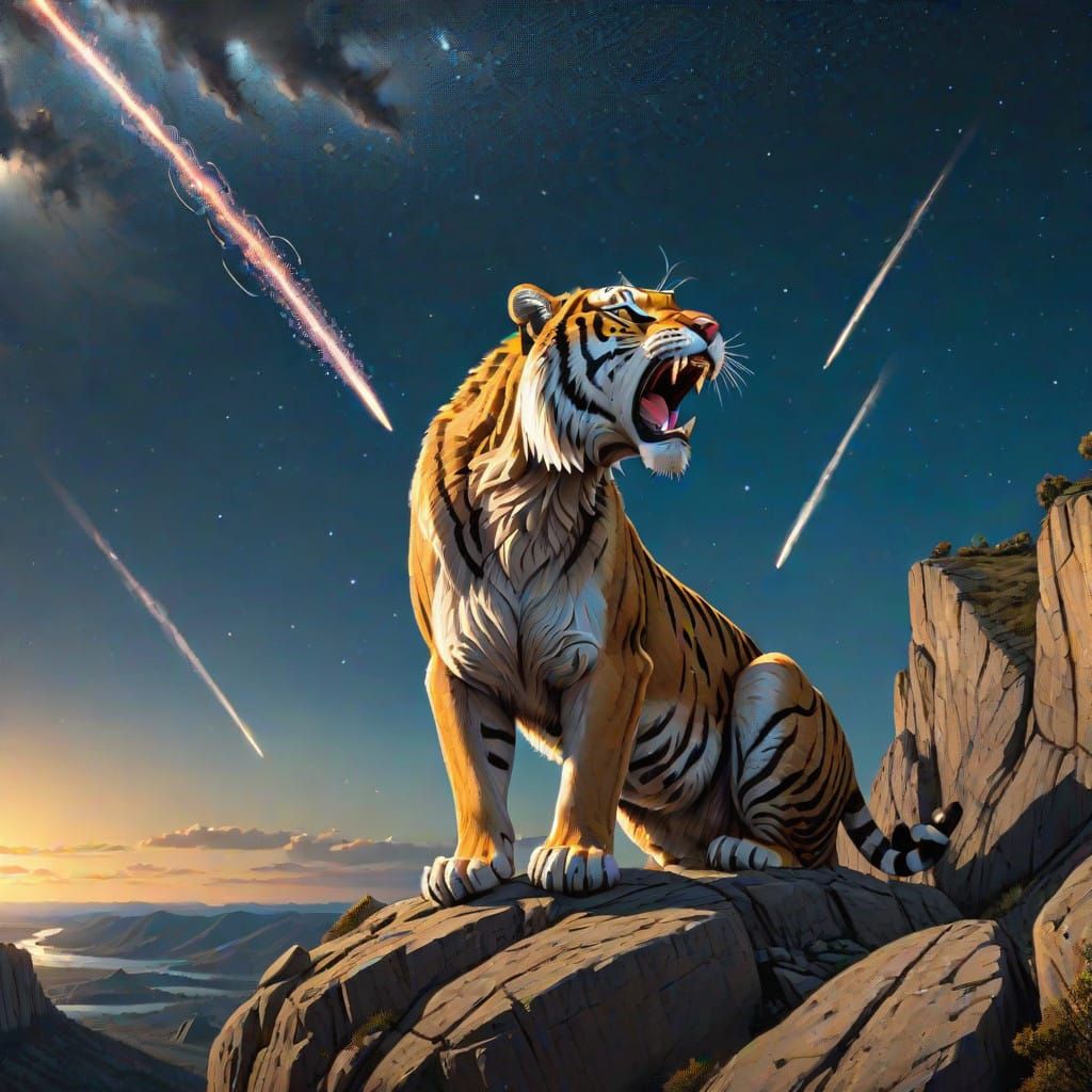 Saber Tooth Tiger Under Starry Night Sky