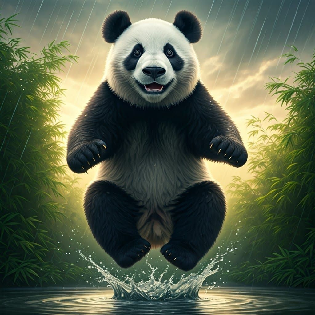 Cheerful Panda Leaps Through Rainy Forest