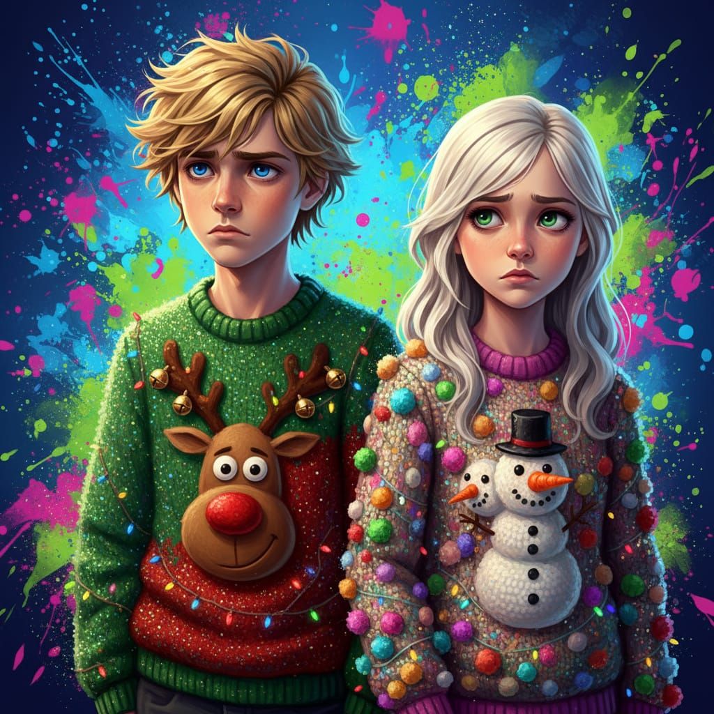 Teen Twins Unhappily Pose in Hideous Christmas Sweaters