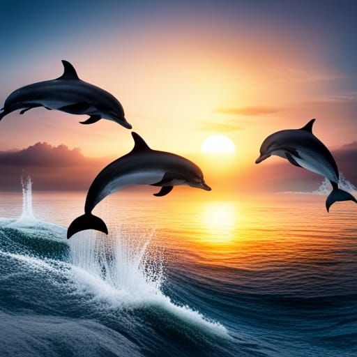 Dolphins Jumping at Sunset: Epic Digital Painting