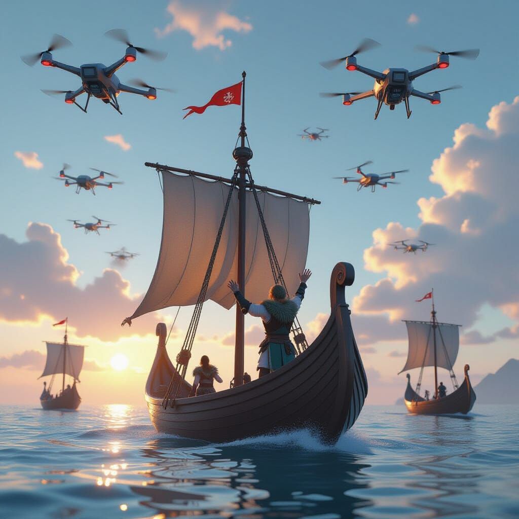 Viking Ship Under Drone Skies, Viking Reaches in Awe