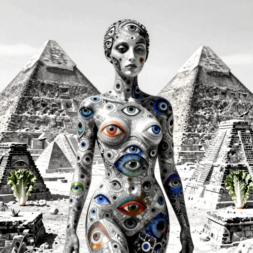 Mosaic of Eyes Guard Before Pyramids